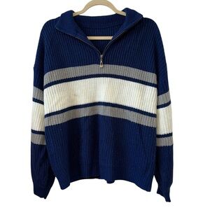 Shein Curve 1XL Navy Blue White Stripe Quarter Zip Sweater